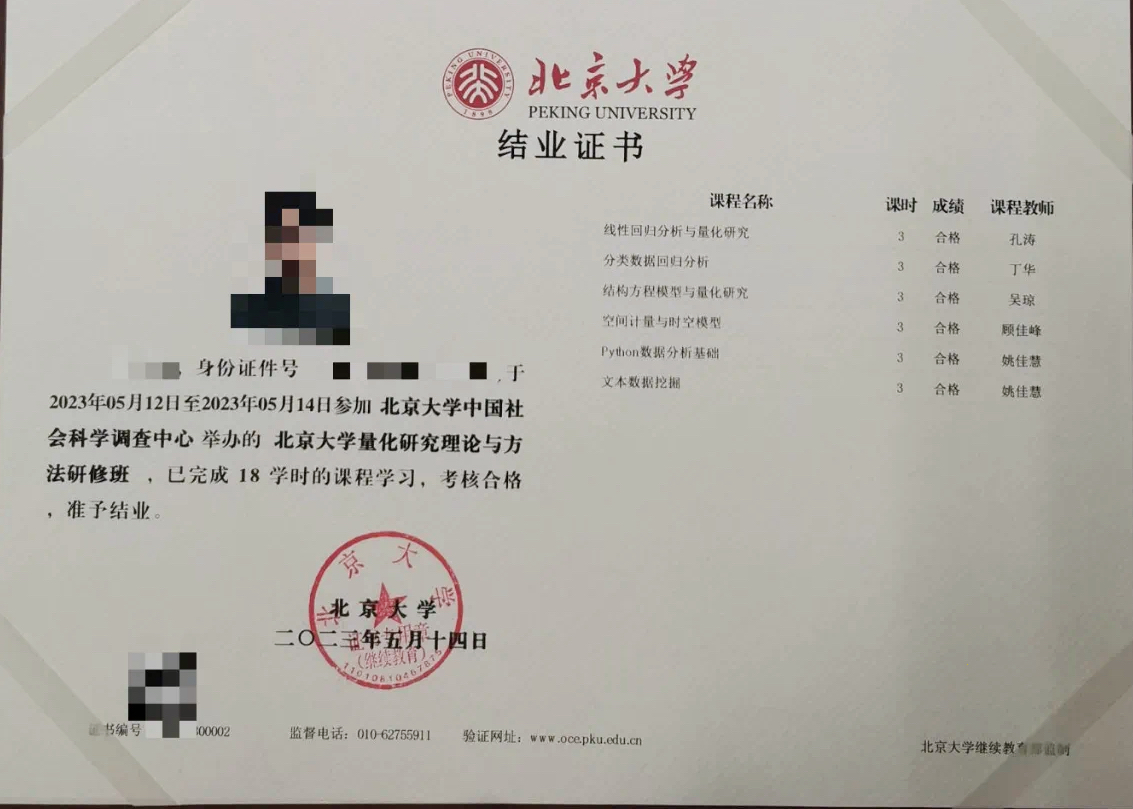 《北京大学python与量化金融研修班》结业证书,证书统一编号,北京大学
